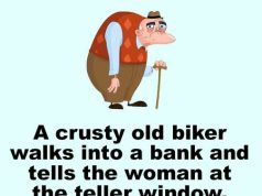 A crusty old biker walks into a bank
