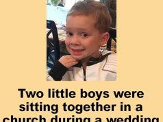 Two little boys were at sitting together in a church