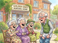 Three mischievous old grannies were sitting on a bench outside