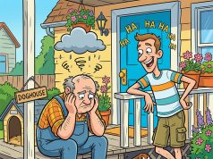 A man sat on his front porch, staring dejectedly at the ground